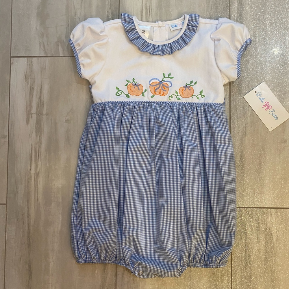 NWT Lulu Bebe Blue Gingham Puff Sleeve Pumpkin Embroidered Bubble Romper, 24M